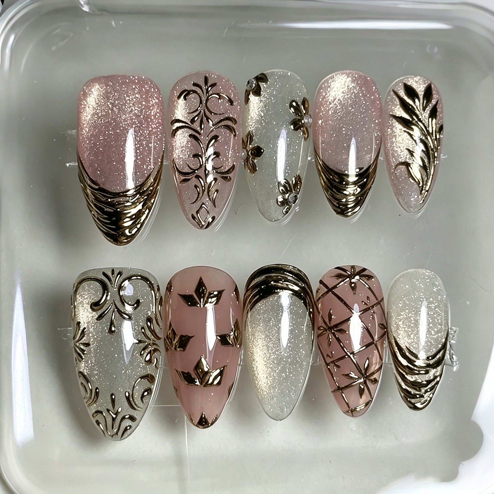 French Tip & Gold-Plated French Nails, Medium Almond, 30 Pieces – front view