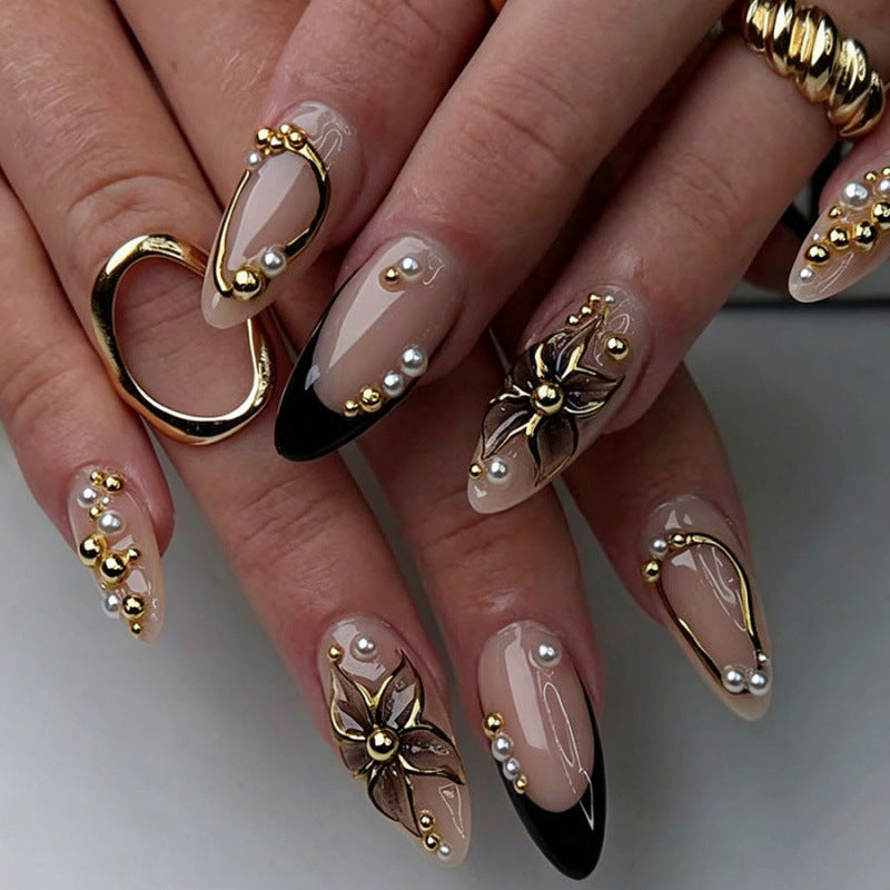 French Tip & Floral French Press-On Nails, Medium Almond – front view