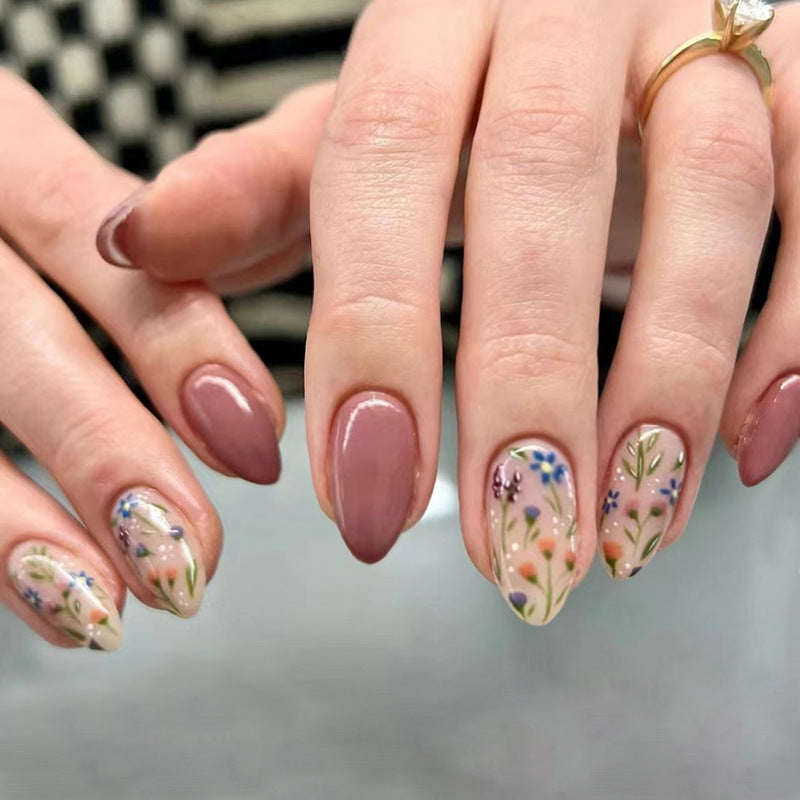 Floral Almond Press-On Nails, Short Almond – front view