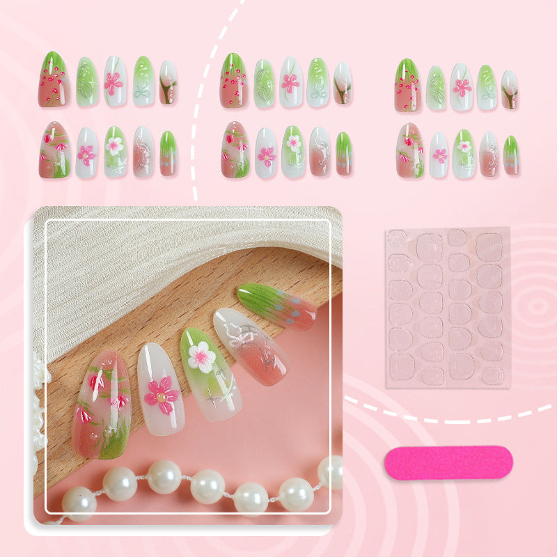 Medium Almond Embossed Texture & Floral Press-On Nail Set (30 Pieces) – side angle