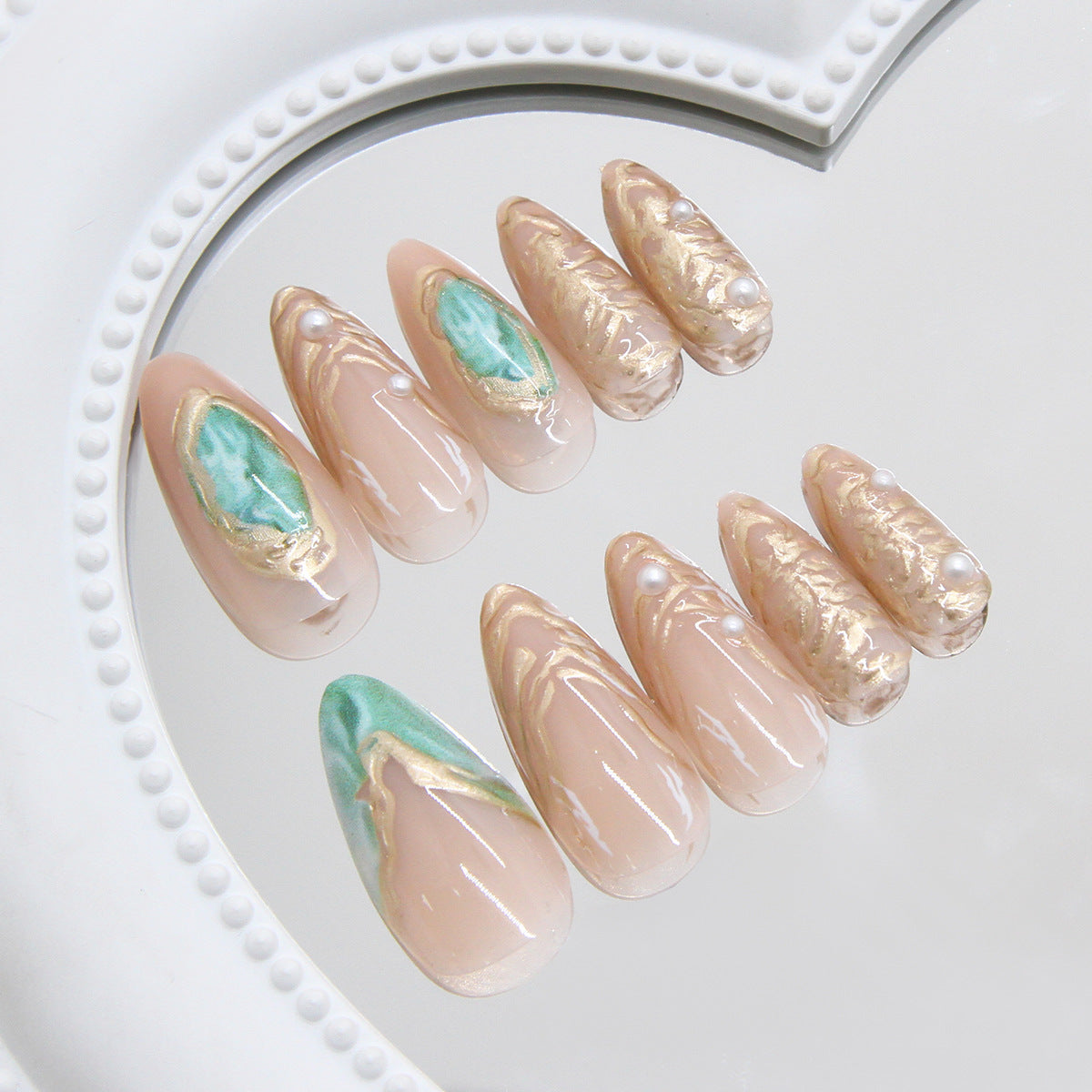 Gilt French Tip Press-On Nails with Aurora Quicksand & Pearls, Almond – side angle
