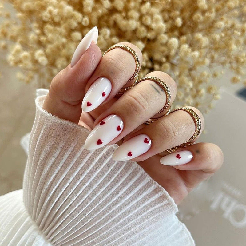 Wine Red & Heart Press-On Nails, Almond – front view