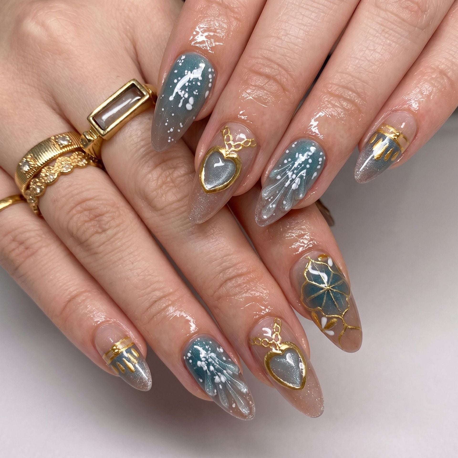 Medium Almond Embossed Texture Press-On Nail Set (24 Pieces) – front view