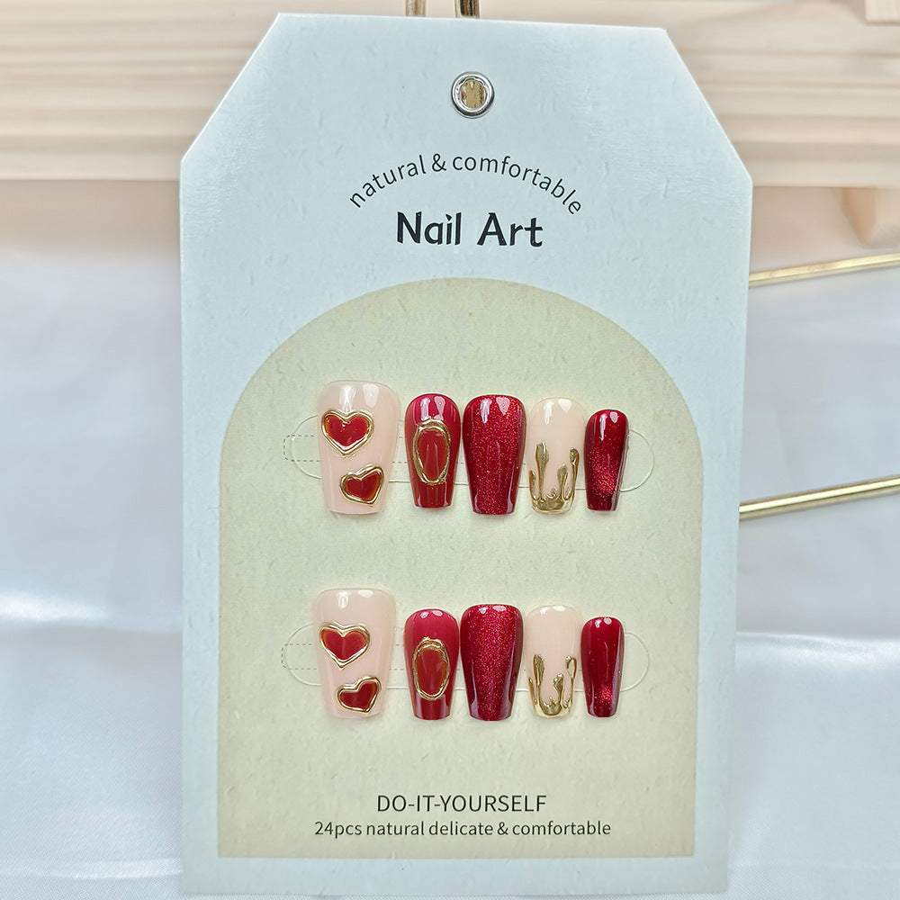 Wine Red & Heart Press-On Nail Set (24 Pieces) – side angle