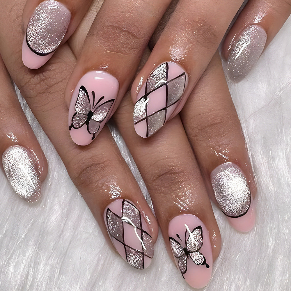 Checker Print & Butterfly Cat Eye Nails, 24 Pieces – front view