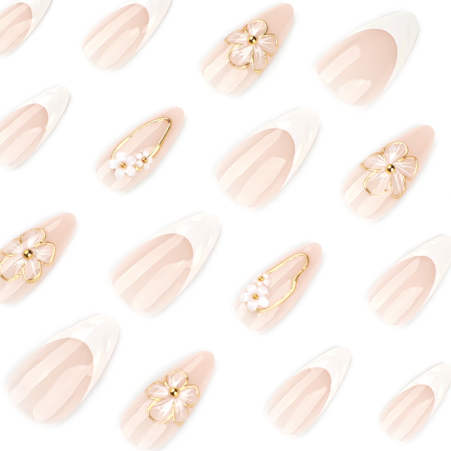 Short Almond Floral & French Tip Press-On Nail Set (24 Pieces) – side angle