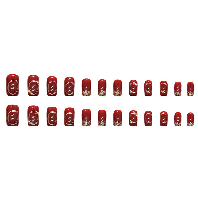 Wine Red & Diamond Accent French Press-On Nails, Medium Square – full set laid out