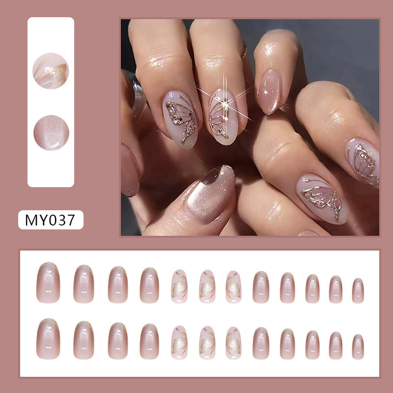 Oval Cat Eye & Butterfly Press-On Nail Set (24 Pieces) – close-up detail
