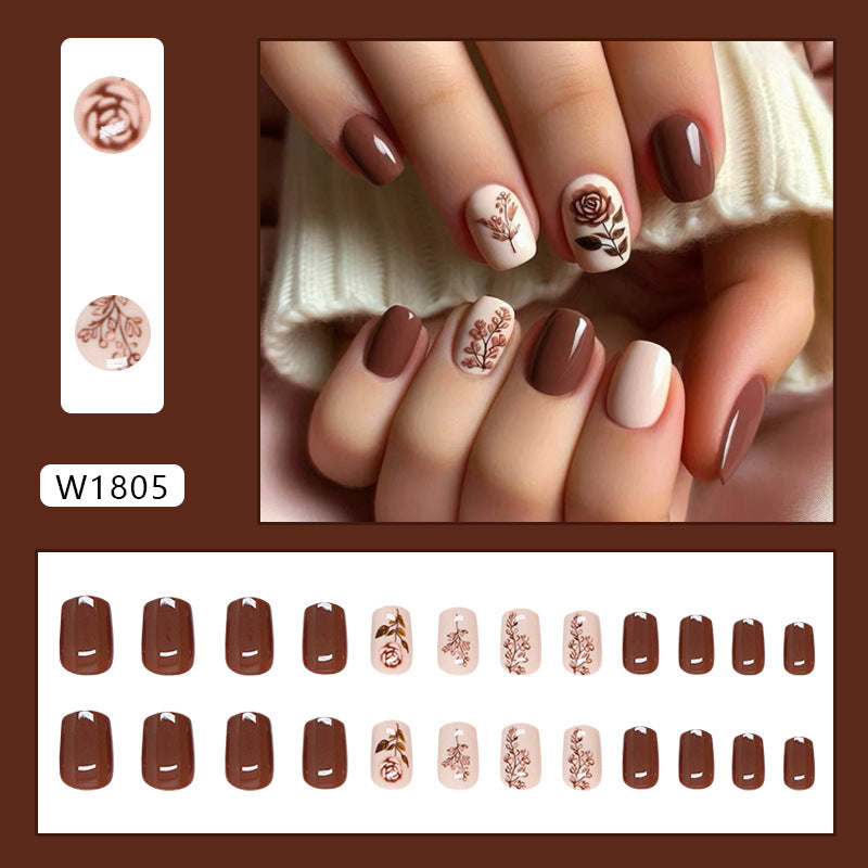 Short Square Solid Color & Rose Press-On Nail Set (24 Pieces) – close-up detail