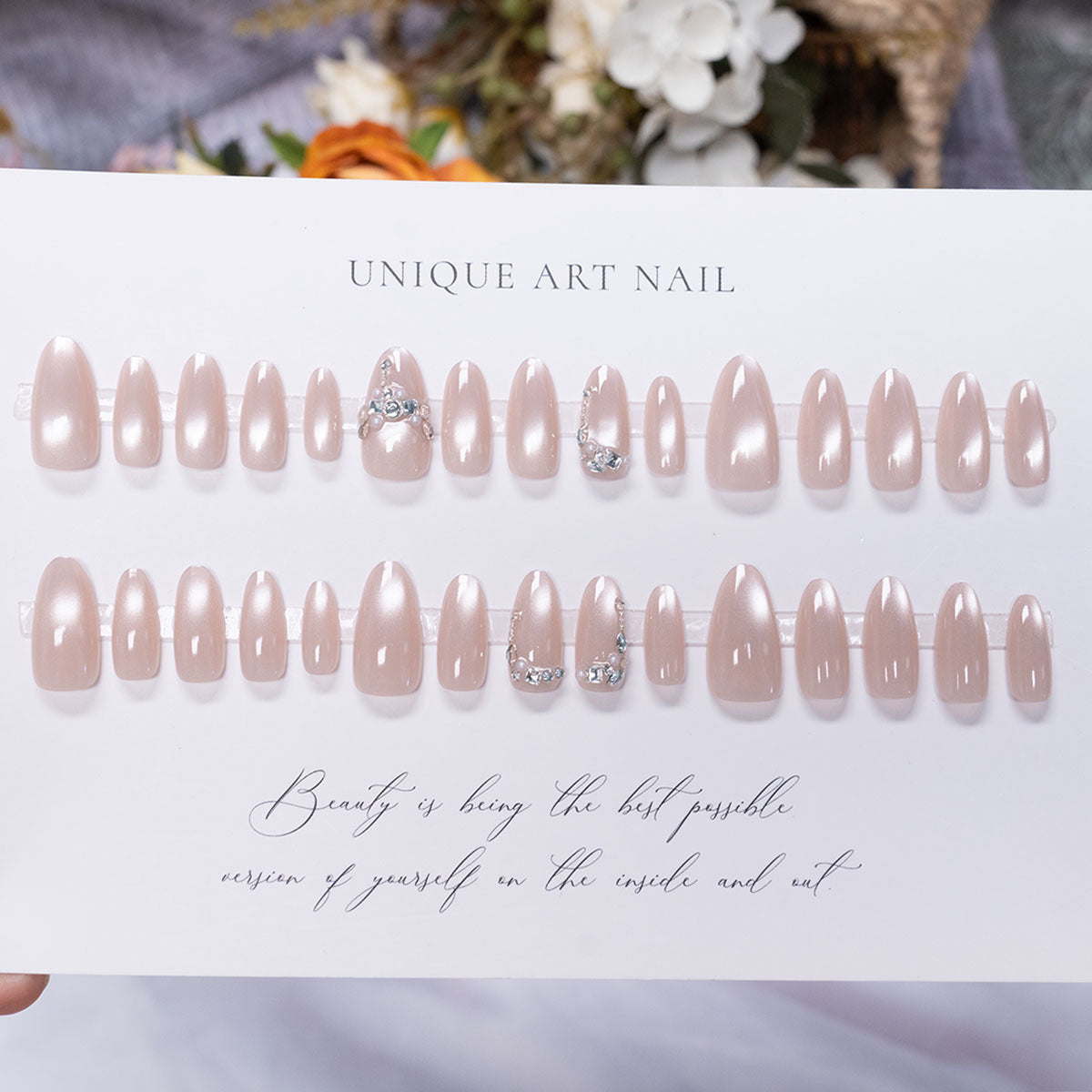 Glitter & Beaded Detail Cat Eye Press-On Nails – side angle