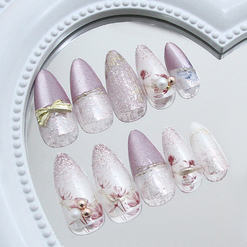 Pearl Detail & Bowknot Press-On Nails, Medium Almond – side angle