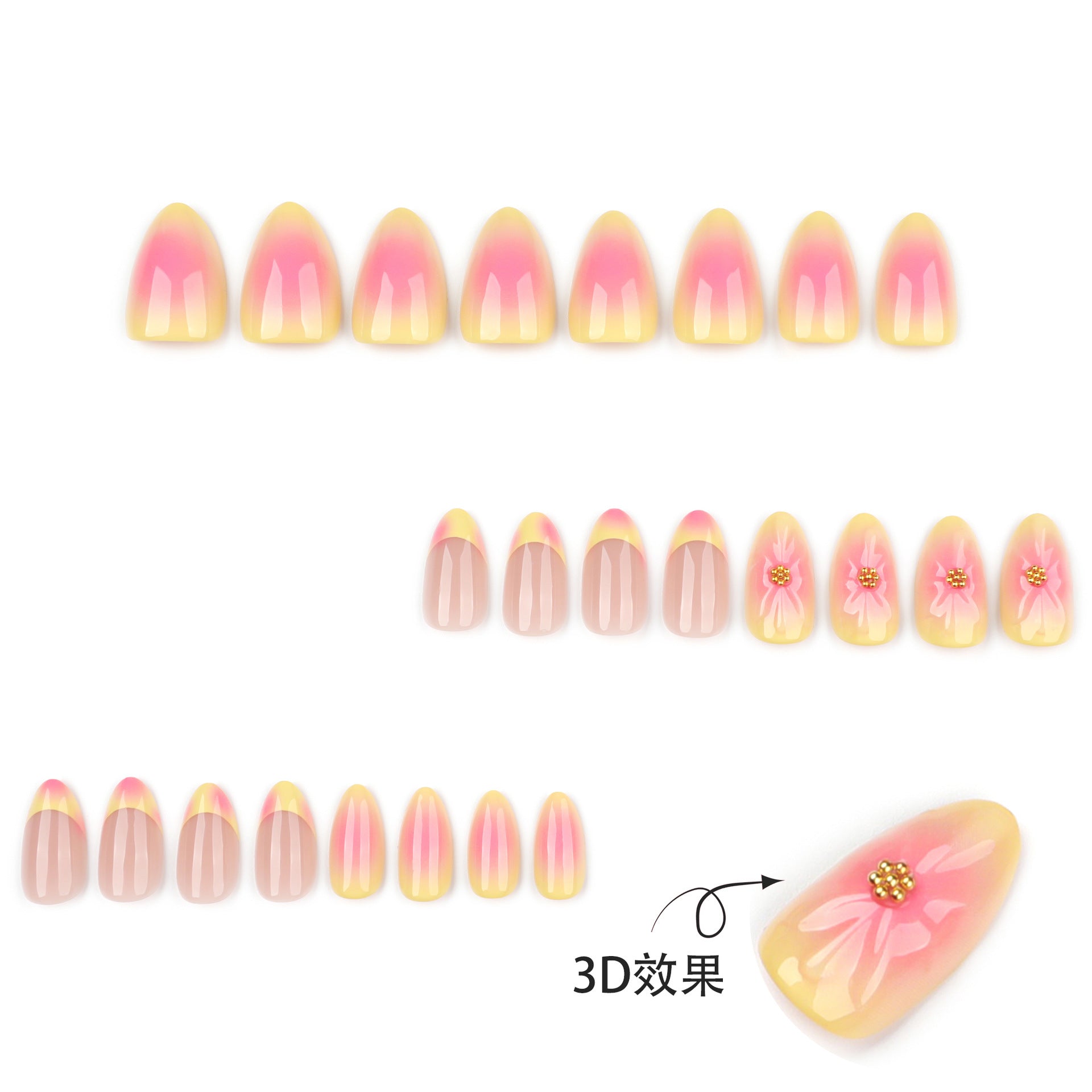 3D Flower & Floral French Nails, Short, 24 Pieces – close-up detail