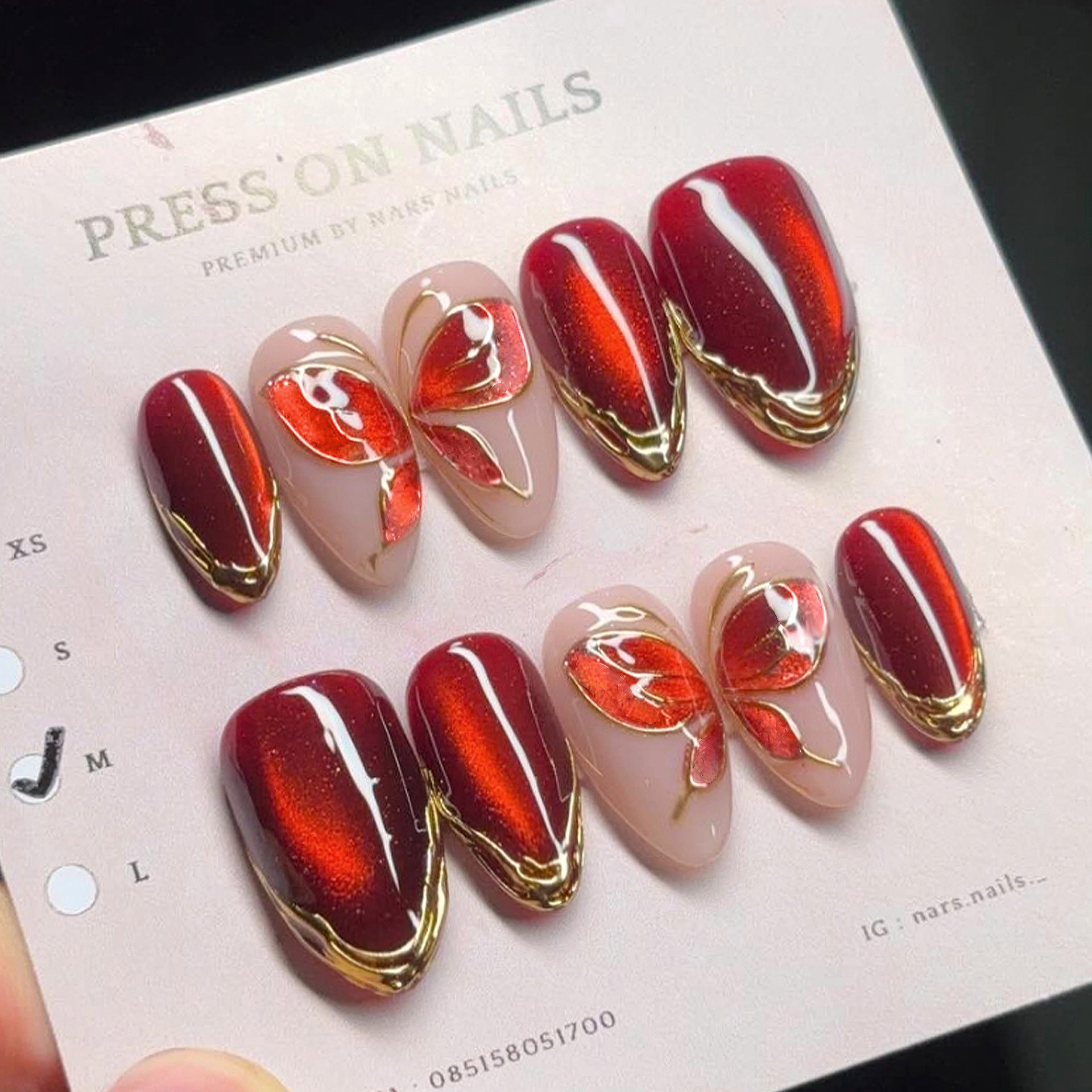 Cat Eye & Wine Red Press-On Nails – front view