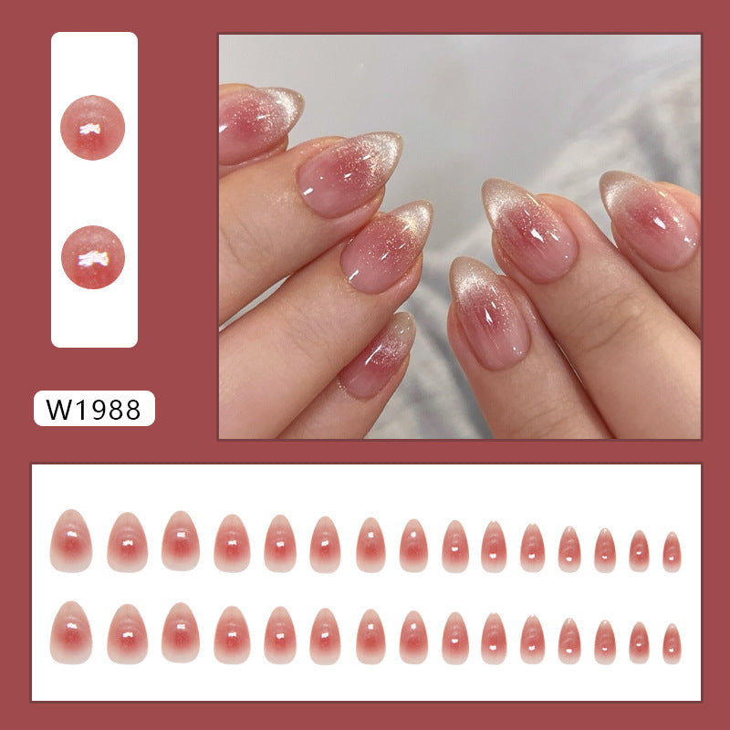 Pink Cat Eye Press-On Nails, Short Almond, Ice-Clear Finish – close-up detail
