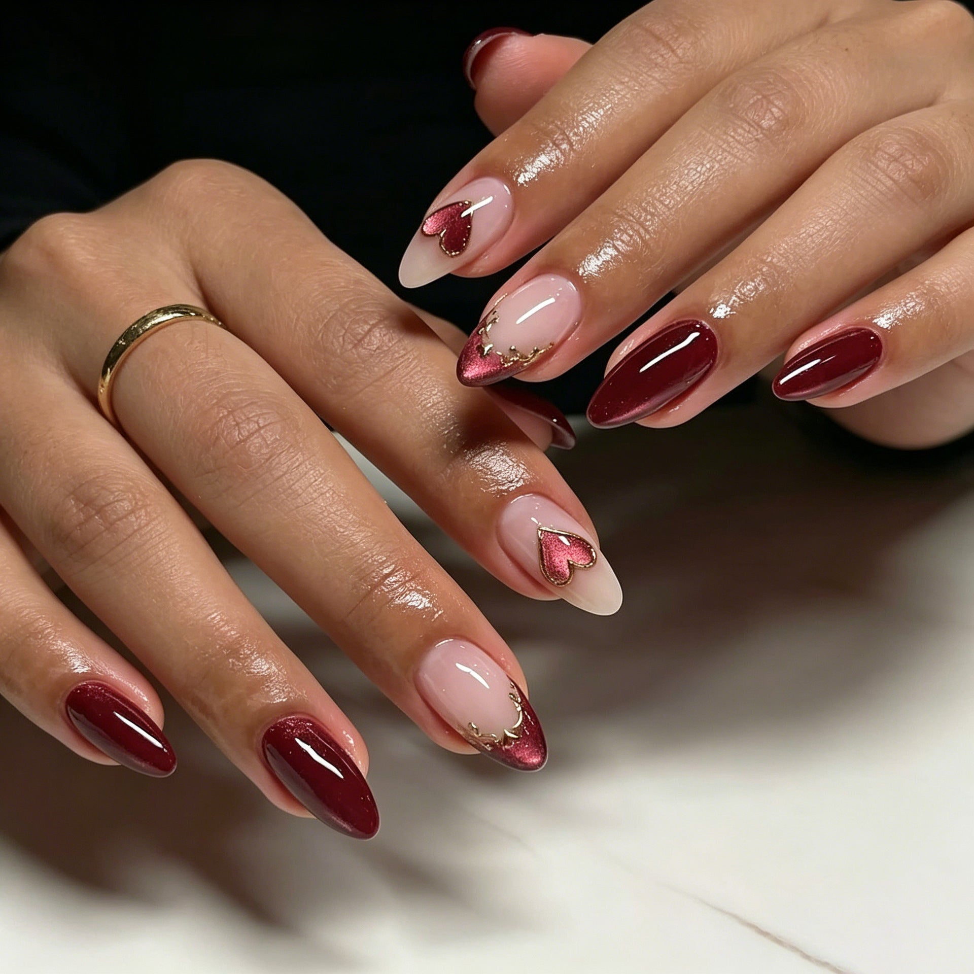 Wine Red & French Tip Cat Eye Press-On Nails, Medium Almond – front view