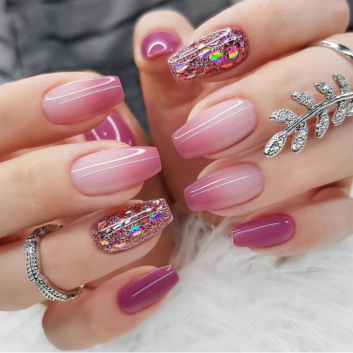 Short Ballerina Ombre Gradient & Glitter Press-On Nail Set (24 Pieces) – front view