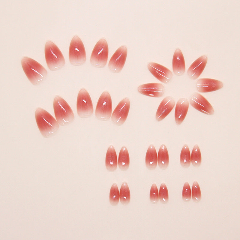 Pink Cat Eye Press-On Nails, Short Almond, Ice-Clear Finish on hand