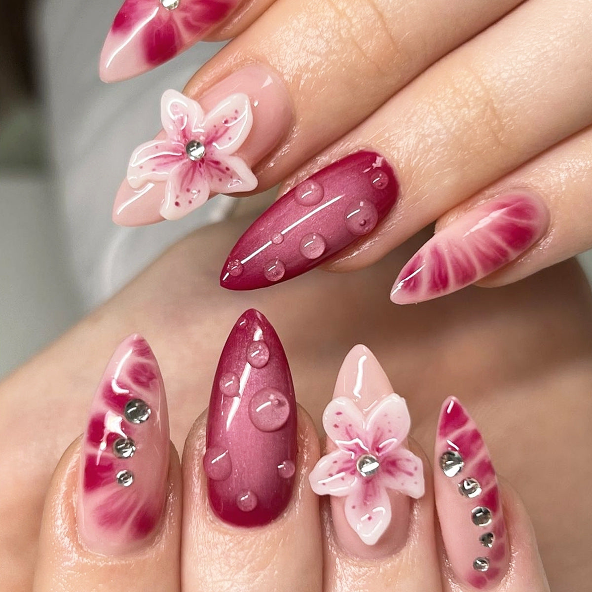 Floral & Rhinestone Press-On Nails – front view