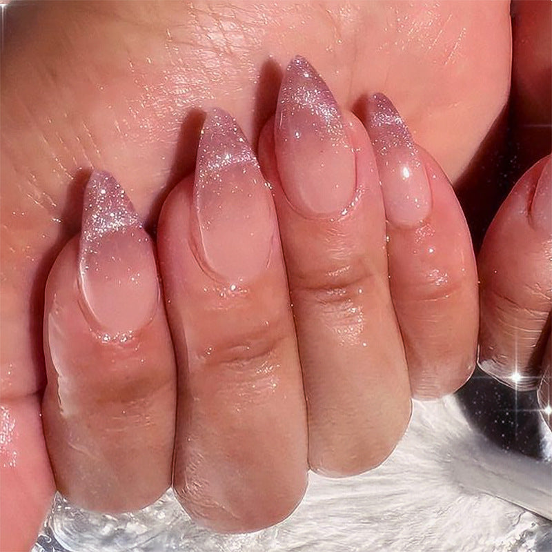 French Tip & Cat Eye French Press-On Nails, Short Almond – front view