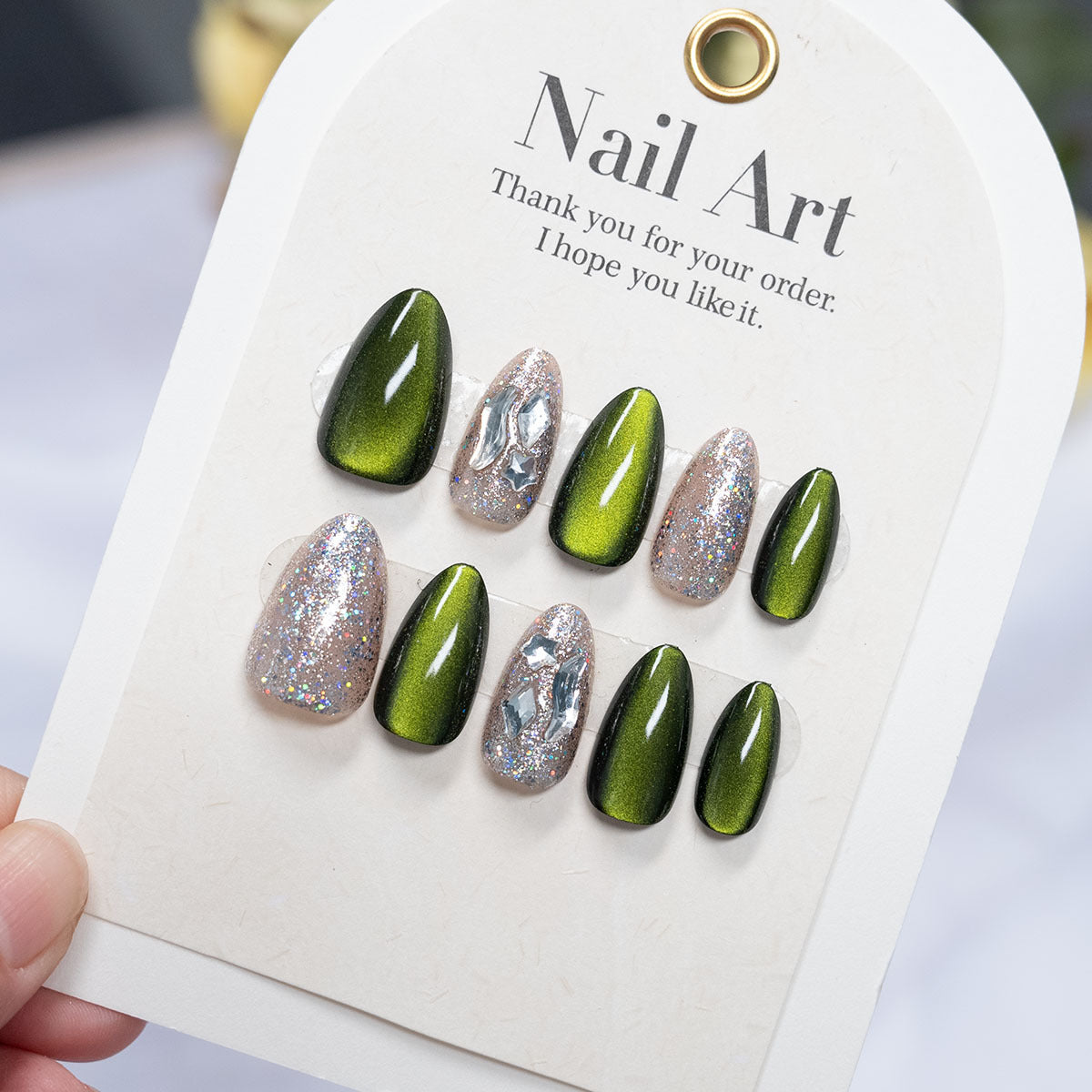 Duo-Tone Shimmer & Cat Eye Press-On Nails, Short Almond – front view
