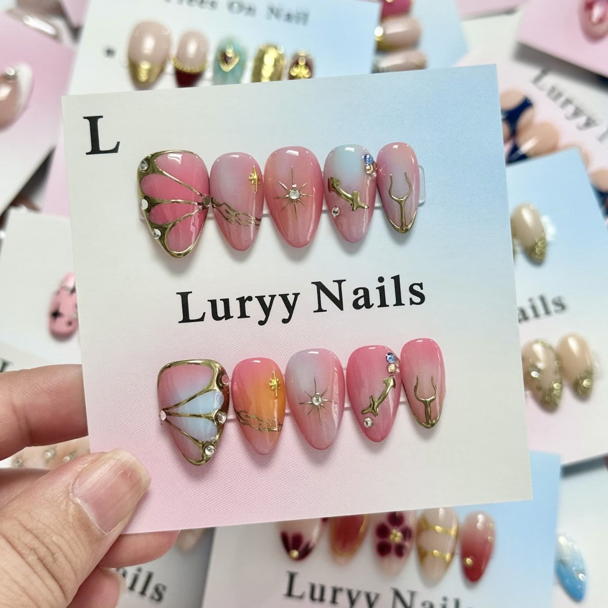 Gold-Plated & French Tip Ombre Nails, Short Almond, 30 Pieces – front view
