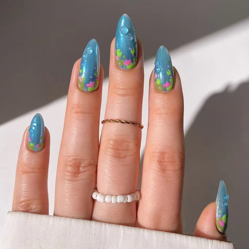 Long Almond Beaded Detail Press-On Nail Set (24 Pieces) – front view