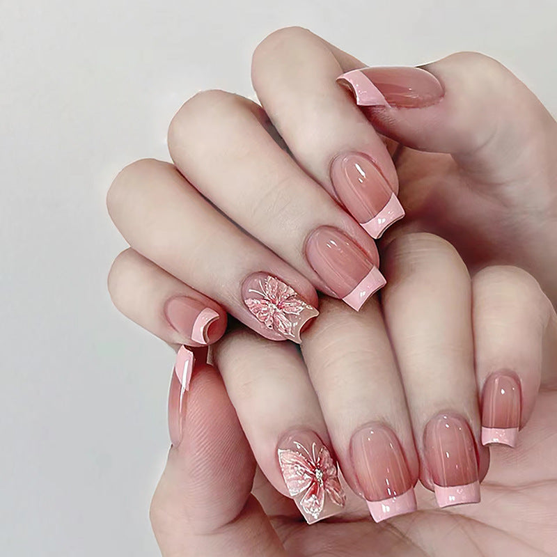 French Tip & Butterfly Press-On Nails, Short, 24-Piece Set – front view
