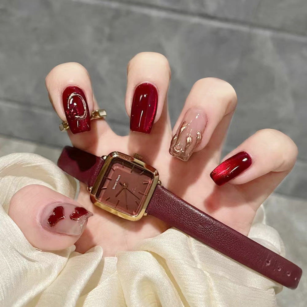 Wine Red & Heart Press-On Nail Set (24 Pieces) – front view