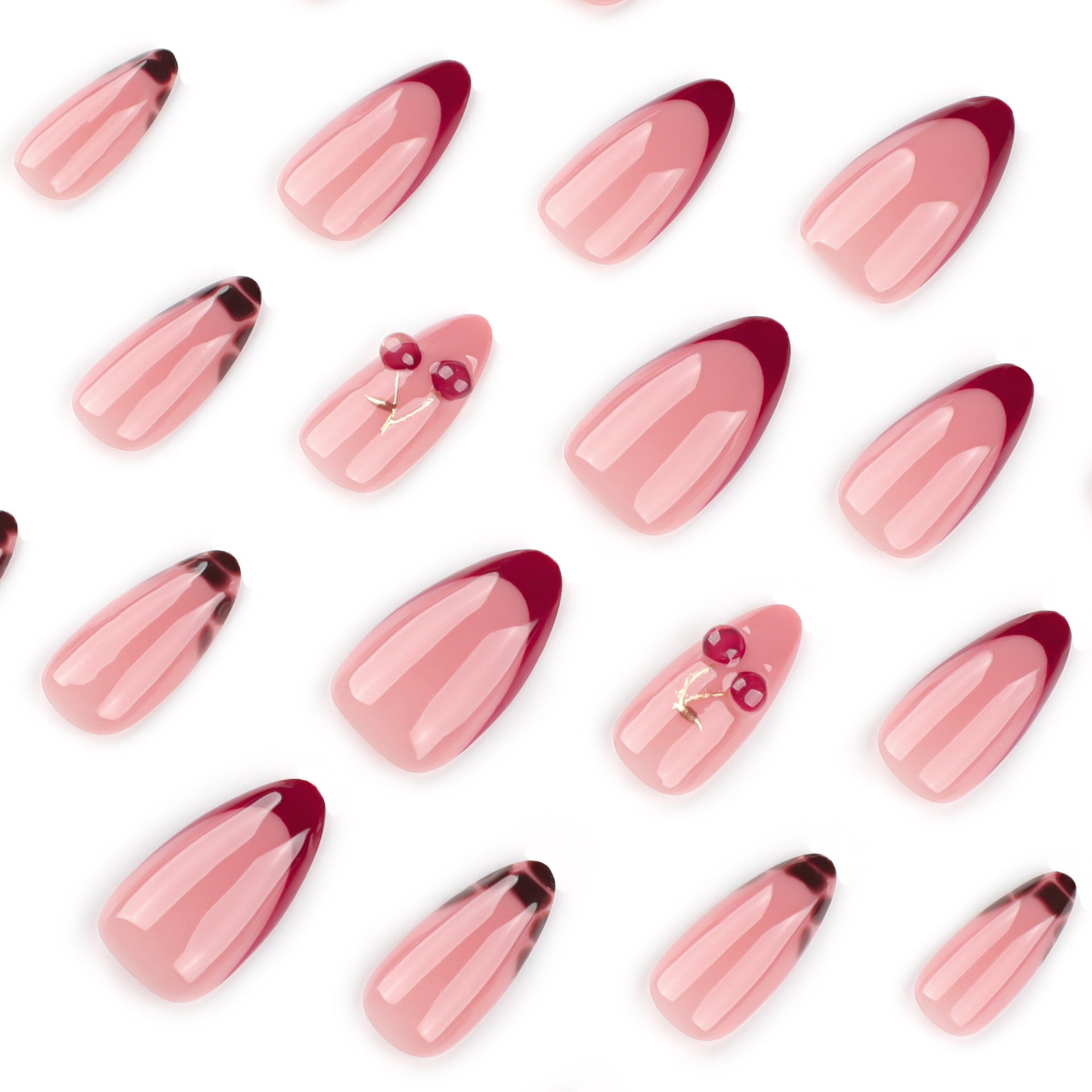 French Tip & Cherry Press-On Nails, Short, 24-Piece Set – side angle