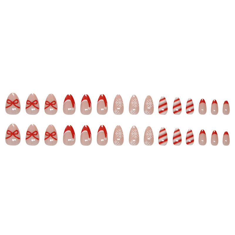 French Tip & Bowknot Press-On Nails, Short Almond – full set laid out