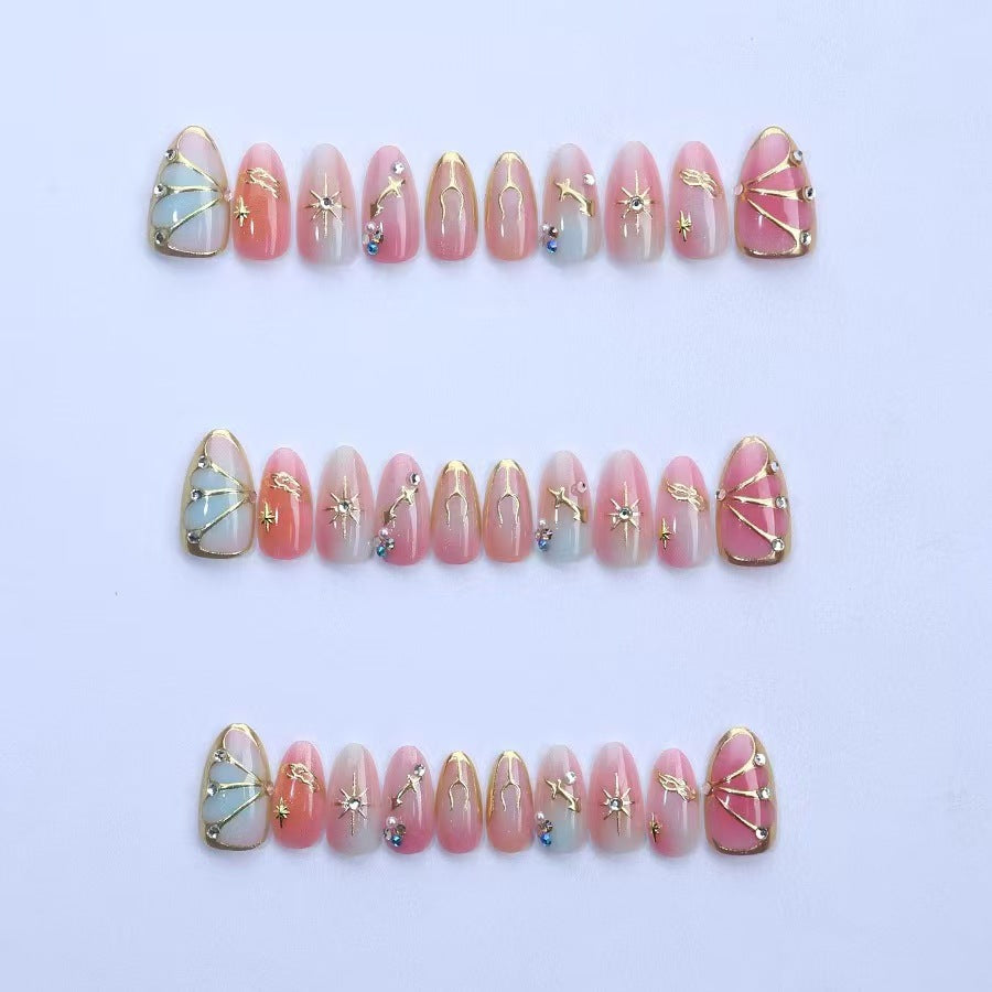 Gold-Plated & French Tip Ombre Nails, Short Almond, 30 Pieces – side angle