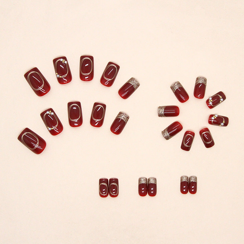 Wine Red & Diamond Accent French Press-On Nails, Medium Square on hand