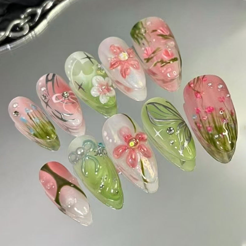 Medium Almond Embossed Texture & Floral Press-On Nail Set (30 Pieces) – front view