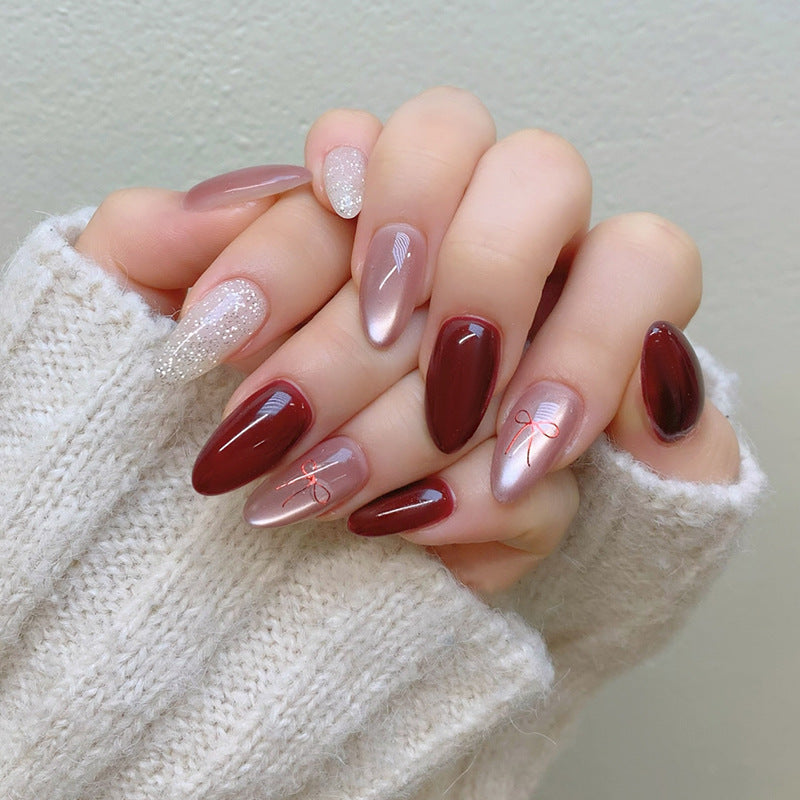 Cat Eye & Glitter Press-On Nails, Medium Almond – front view