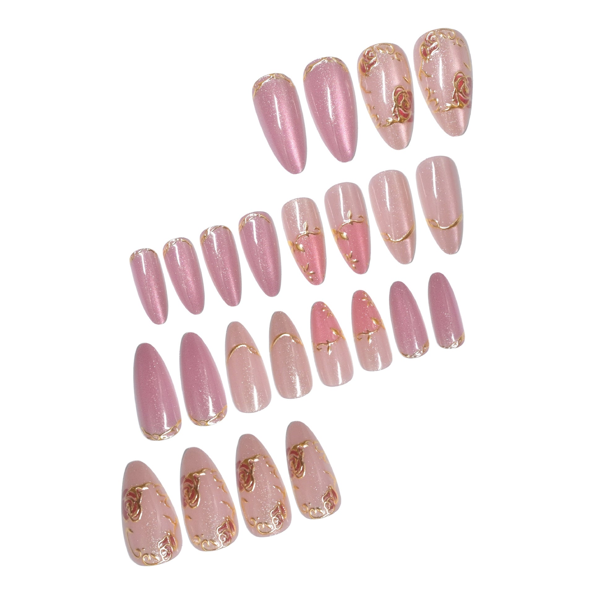 Cat Eye & Rose Press-On Nails, Medium Almond – close-up detail
