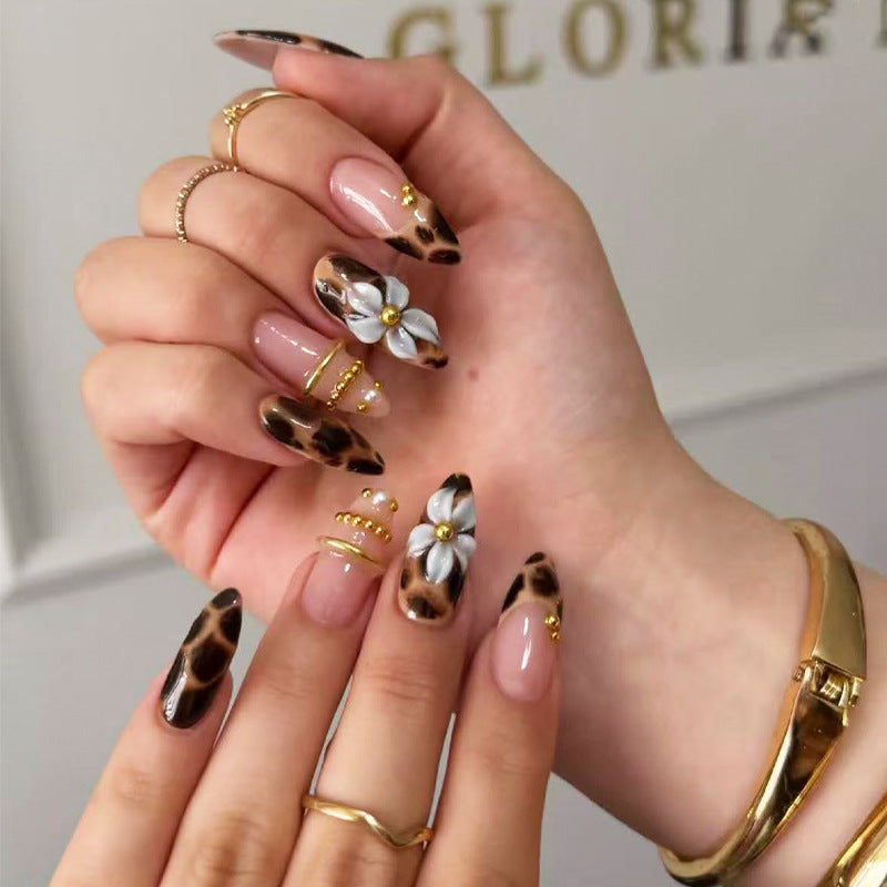 Leopard Print & Abstract Line French Nails, 24 Pieces – front view