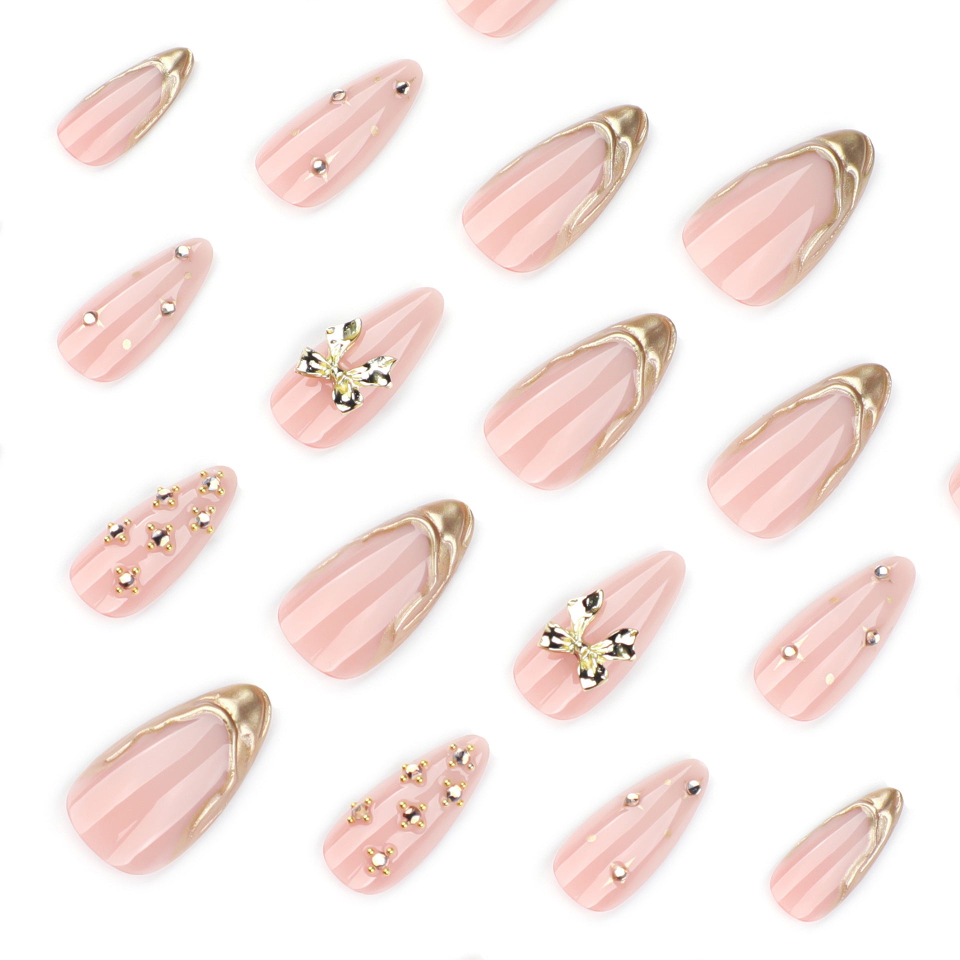Bowknot & French Tip French Nails, Short Almond, 24 Pieces – side angle