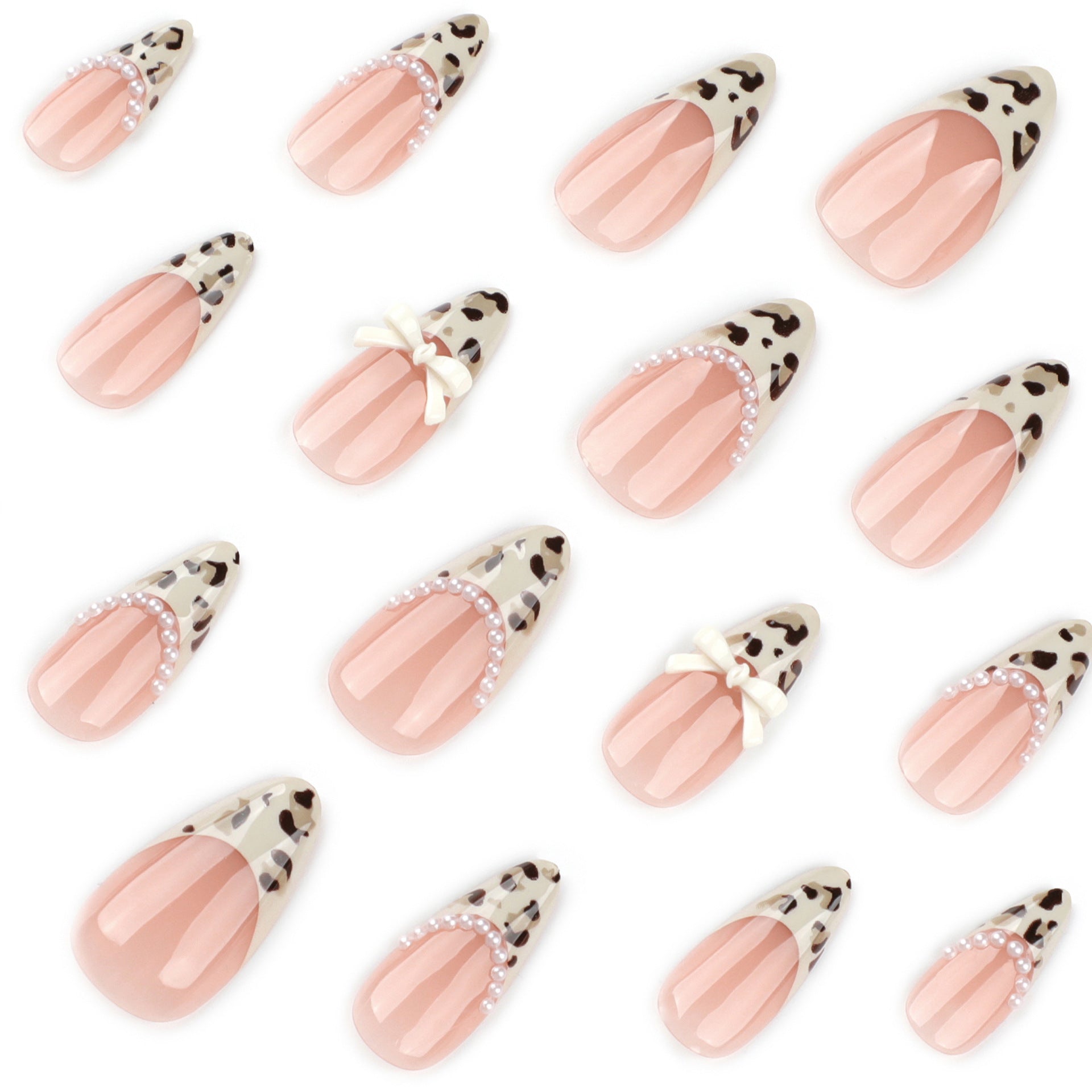 French Tip & Leopard Print French Press-On Nails, Short Almond – side angle