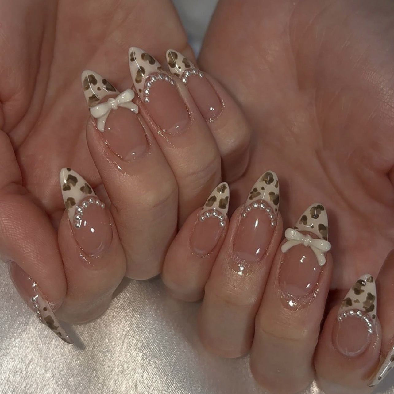 French Tip & Leopard Print French Press-On Nails, Short Almond – front view