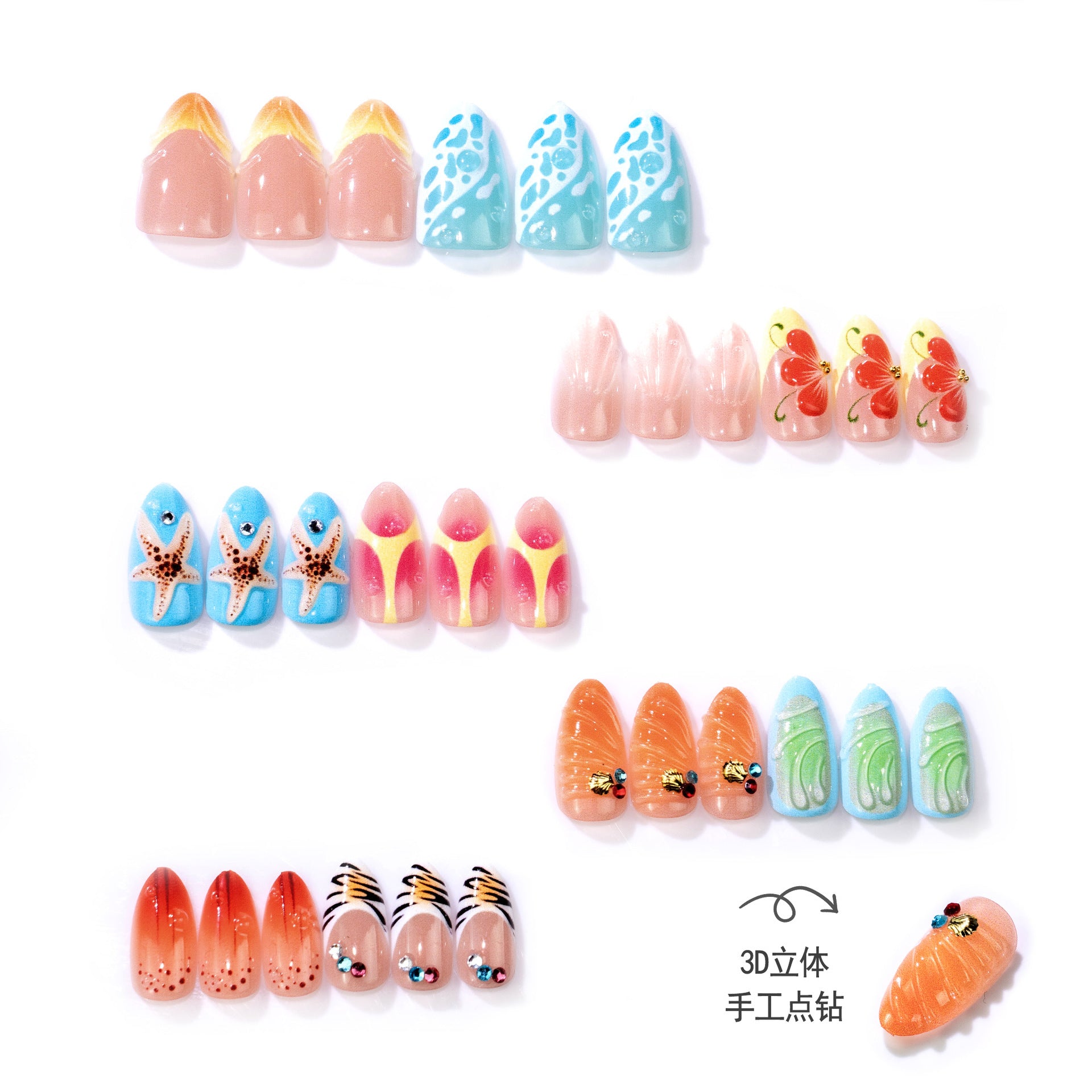 Wave Texture & Shell French Nails, Short Almond, 30 Pieces – side angle