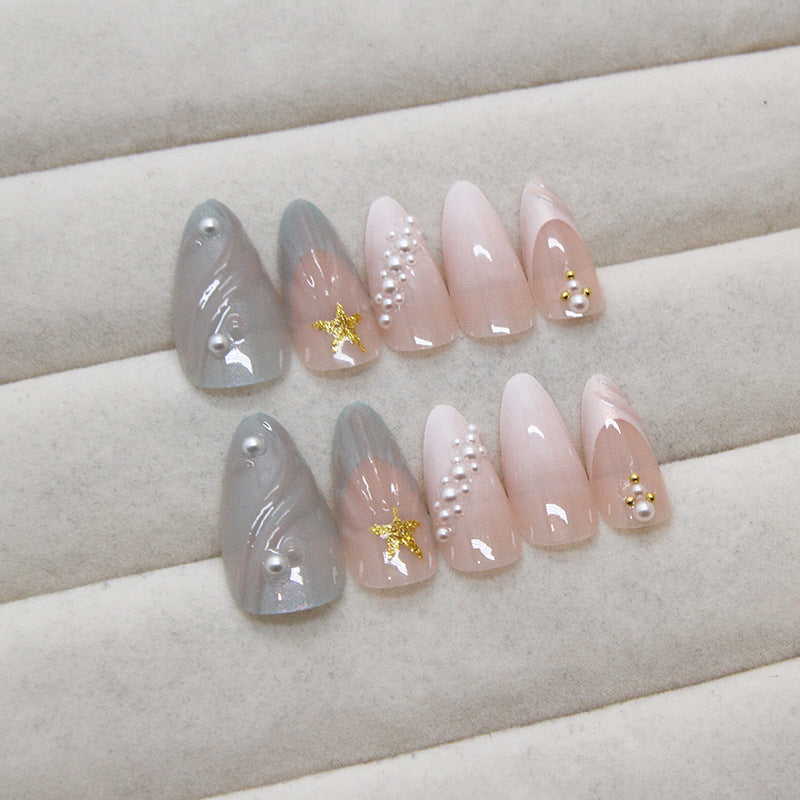 Mermaid Shell & Star Glitter Press-On Nails, Ice-Clear Finish on hand