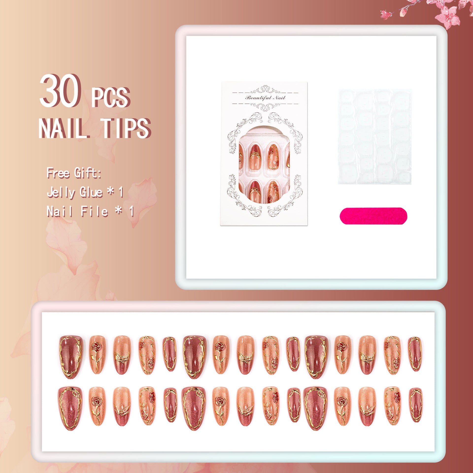 Medium Cat Eye & French Tip Press-On Nail Set (30 Pieces) on hand
