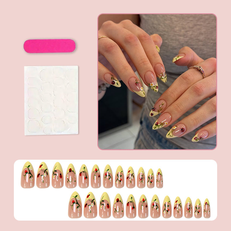 Floral & French Tip French Press-On Nails, Almond – close-up detail