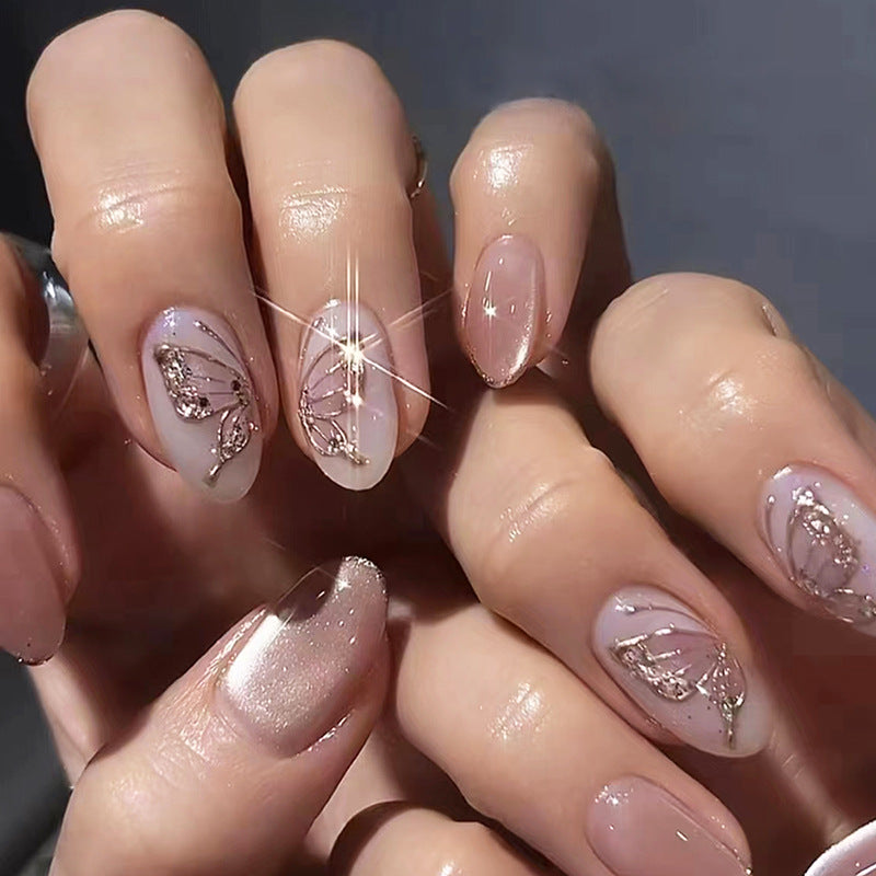 Oval Cat Eye & Butterfly Press-On Nail Set (24 Pieces) – front view
