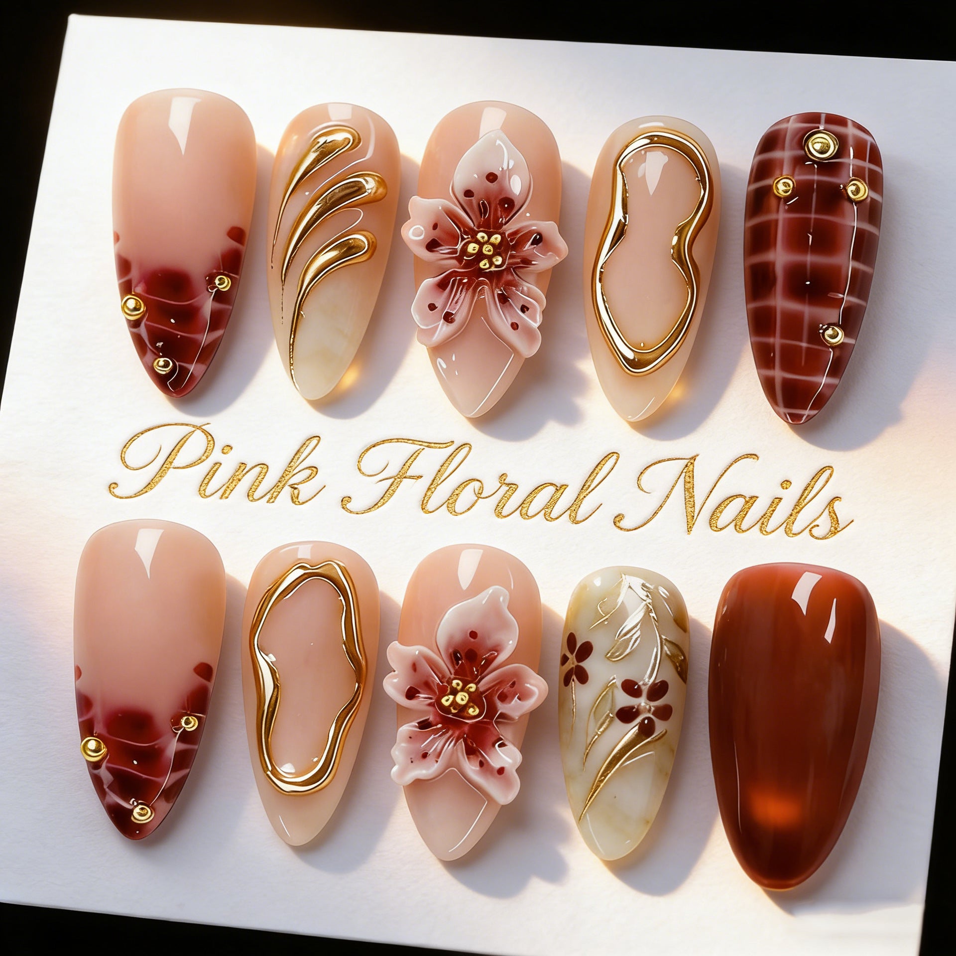 Gold-Plated & Floral Press-On Nails, 30-Piece Set – front view