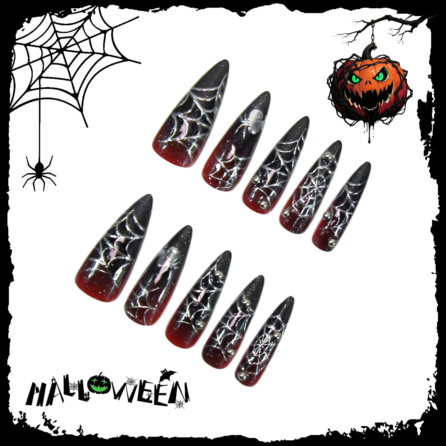Halloween & Spiderweb French Nails, Long, 24 Pieces – side angle