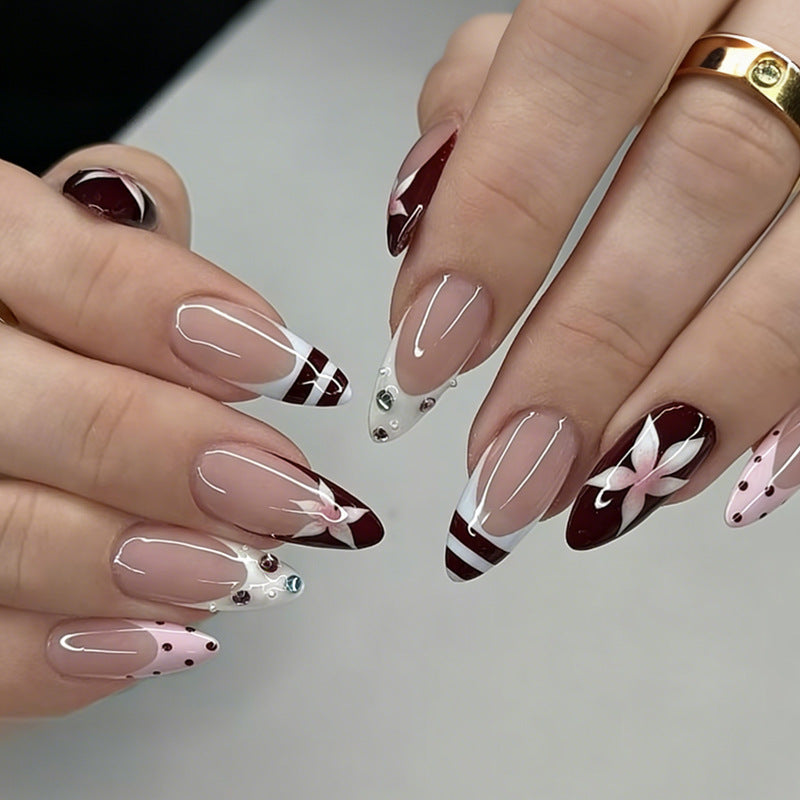 Rhinestone & Lily Press-On Nails, Almond, 24-Piece Set – front view