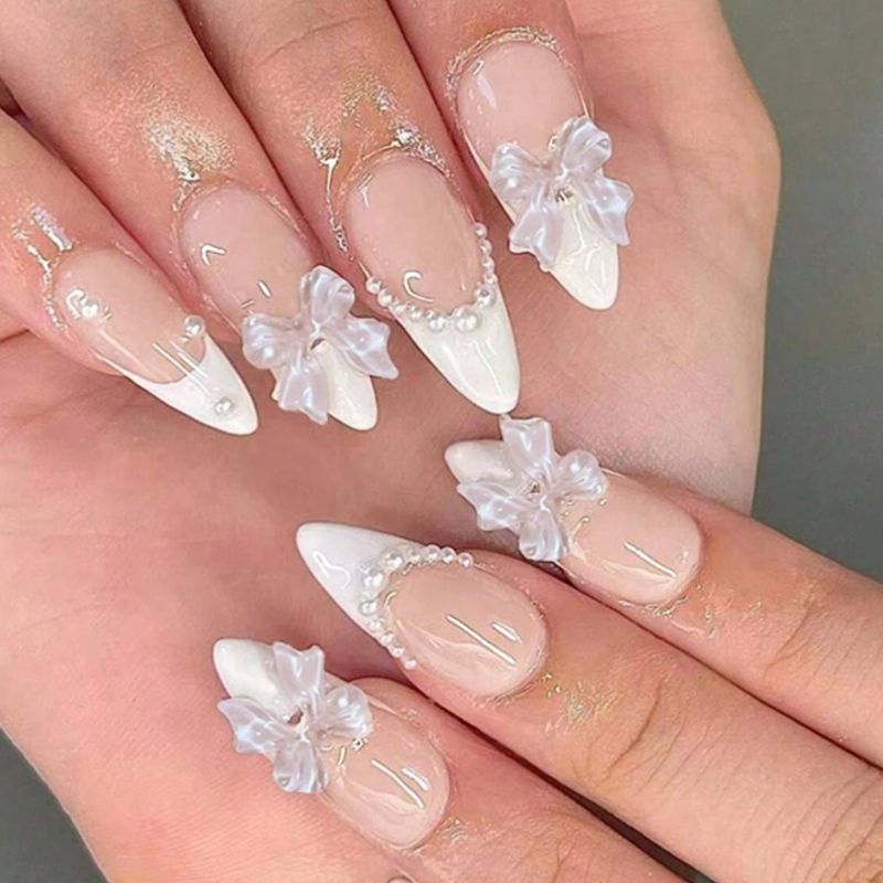 French Tip & Bowknot Press-On Nails, Almond, 24-Piece Set – close-up detail