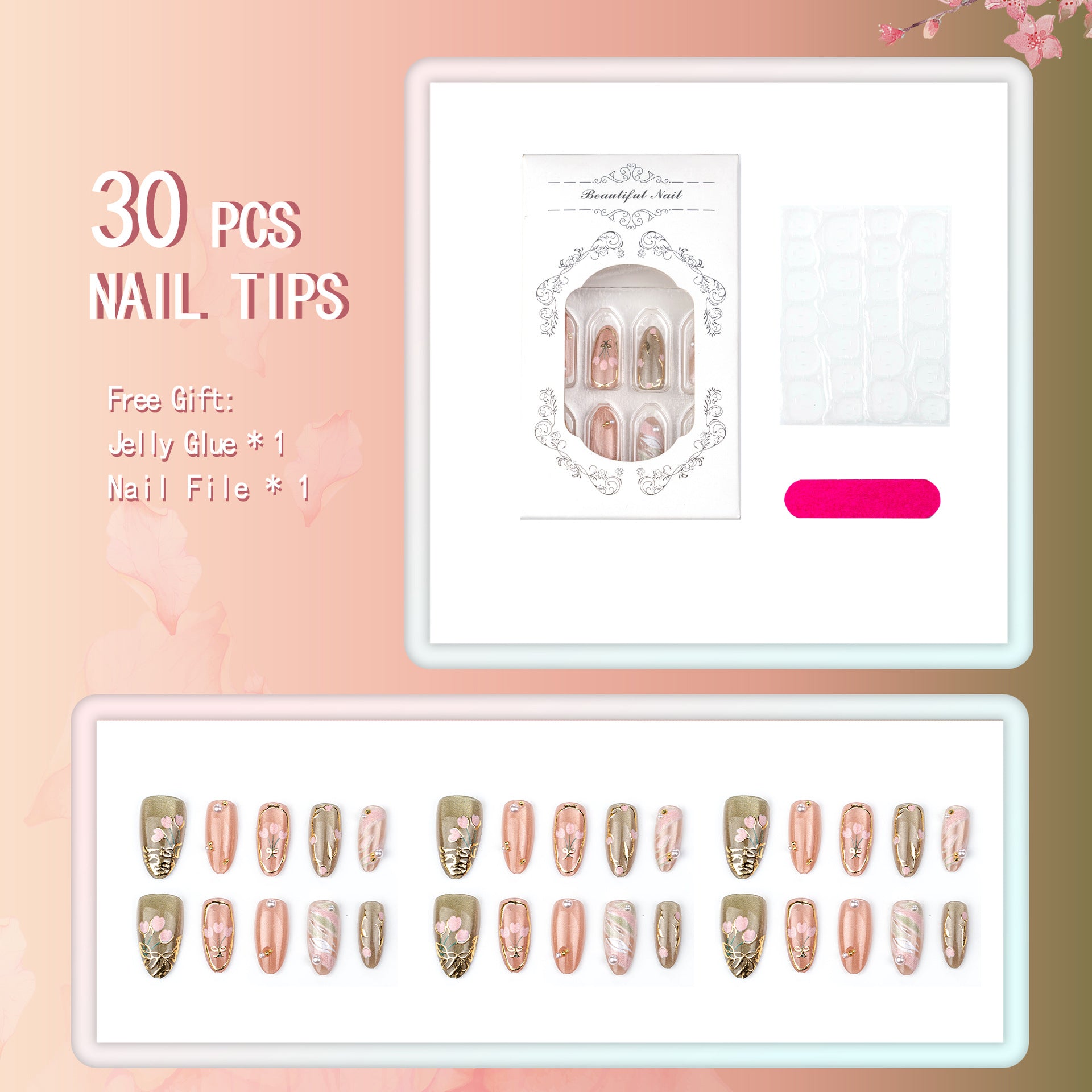 Gold-Plated & Cat Eye Press-On Nails, 30-Piece Set on hand