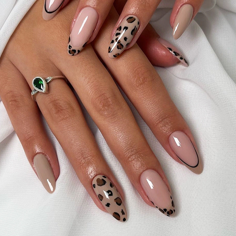 Leopard Print French Press-On Nails, Almond – close-up detail